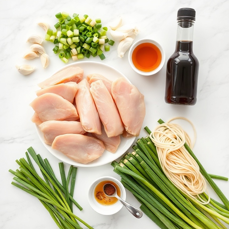 Overhead flat lay of raw ingredients for sticky garlic chicken noodles including chicken breasts, garlic cloves, soy sauce, noodles, and green onions