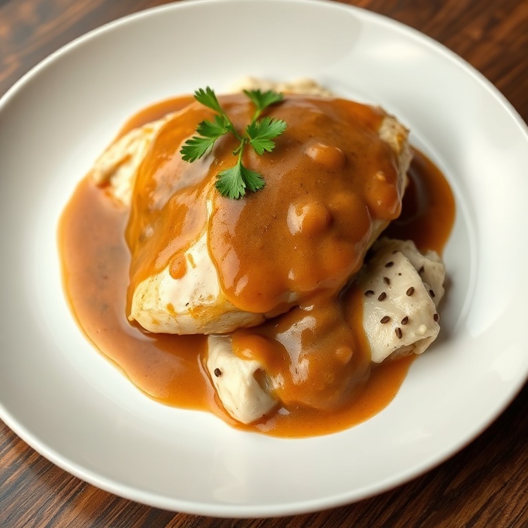 Perfectly plated chicken smothered in gravy. Garnished with parsley on a white plate.