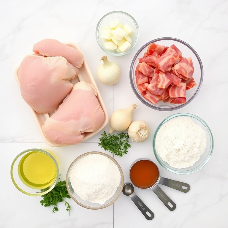 Raw chicken, bacon, onions, garlic, flour, broth, and herbs arranged in a flat lay. Measuring spoons and bowls nearby.