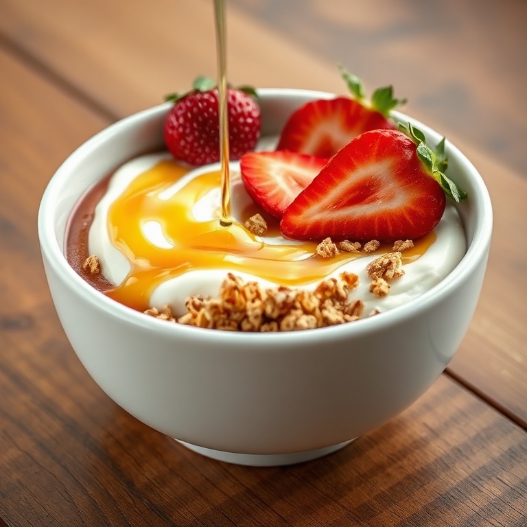 A perfect strawberry cheesecake yogurt bowl in a white ceramic bowl. A drizzle of honey and a few fresh strawberries are on top. The bowl is placed on a wooden table.