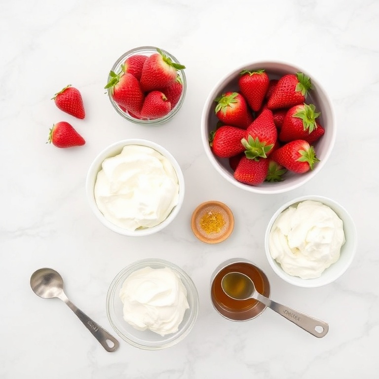 All the ingredients for a strawberry cheesecake yogurt bowl arranged in a flat lay. Fresh strawberries, Greek yogurt, cream cheese, honey, and whipped cream are clearly visible.