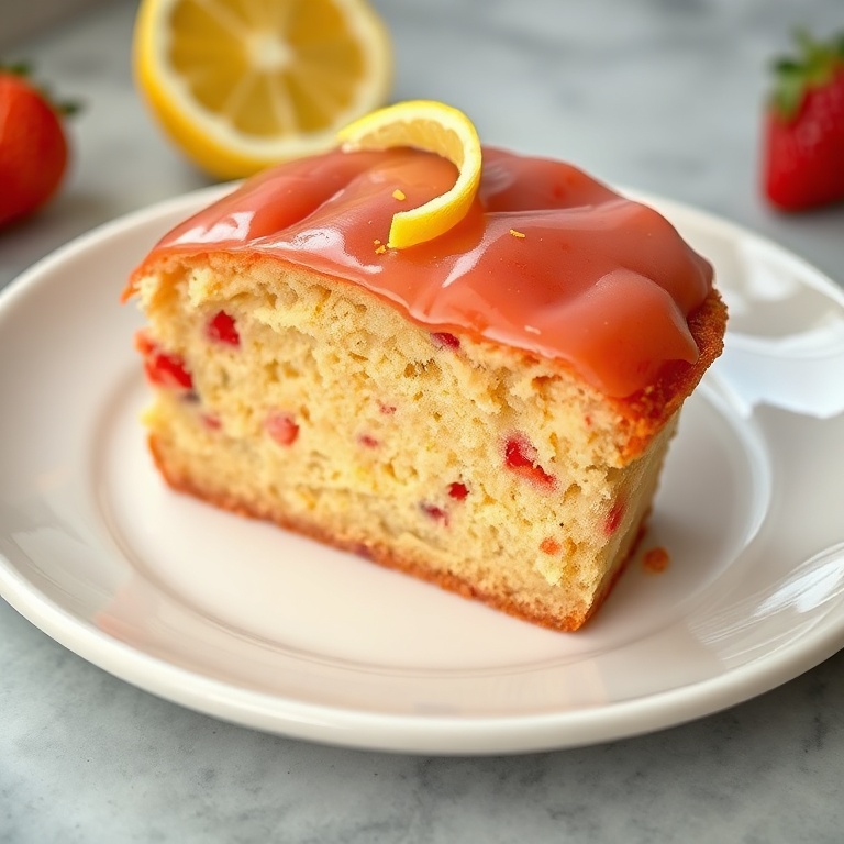 One slice of strawberry lemonade bread on a white plate garnished with lemon zest under warm light