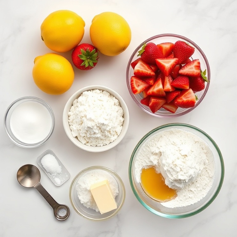 Raw ingredients for strawberry lemonade bread including fresh strawberries, lemons, flour, sugar, eggs, and butter arranged neatly on a white marble surface