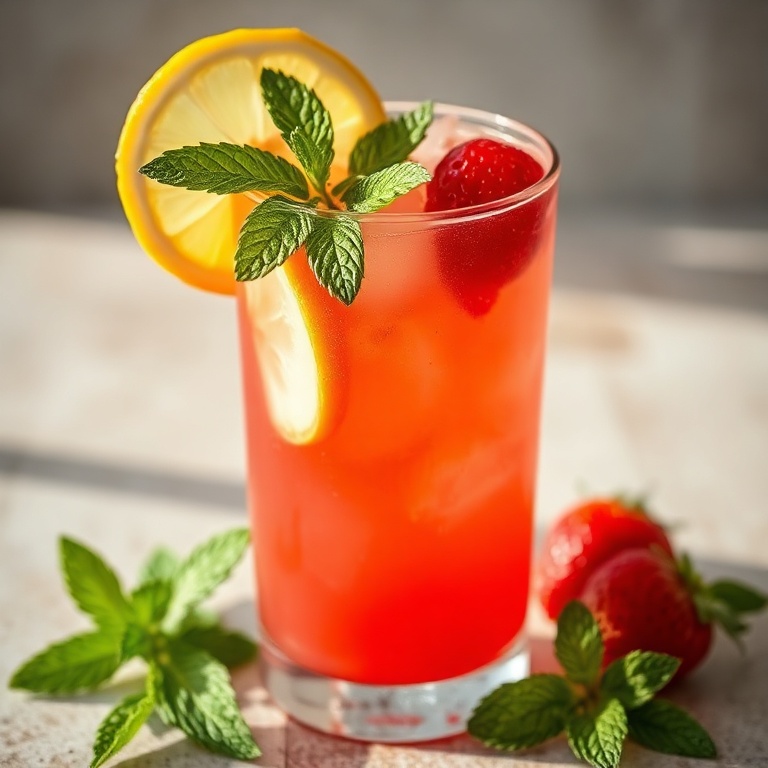 Strawberry lemonade punch in a glass with a slice of lemon and a sprig of mint, warm side lighting highlighting the clear liquid and red texture