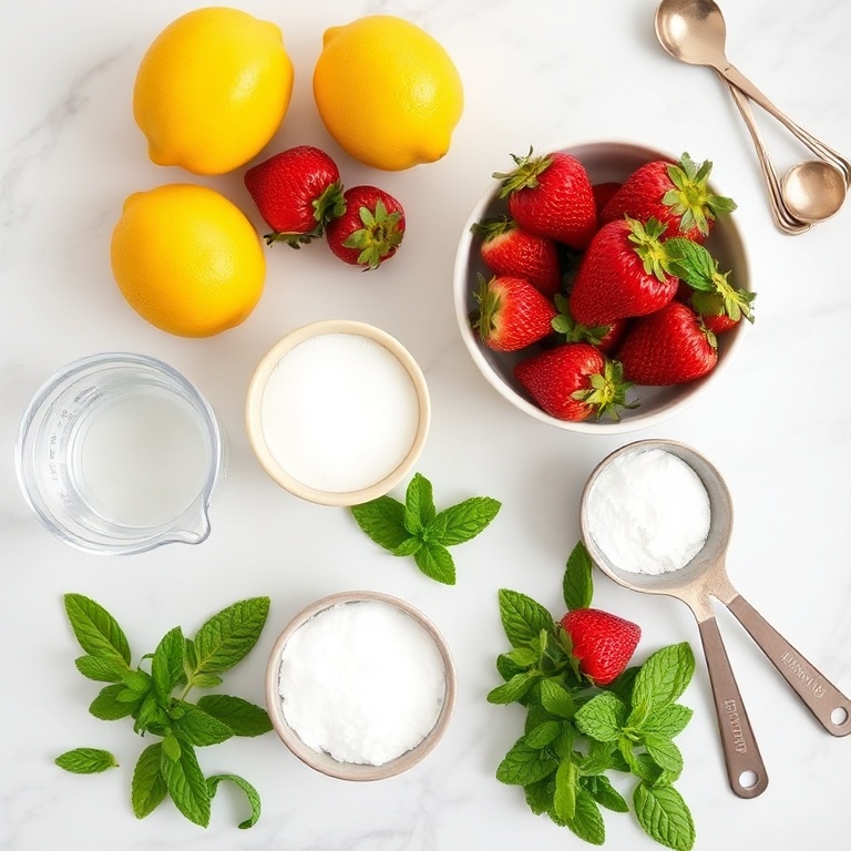 Fresh strawberries, lemons, sugar, water, and mint leaves arranged in a flat lay on a white marble countertop with measuring cups and spoons nearby