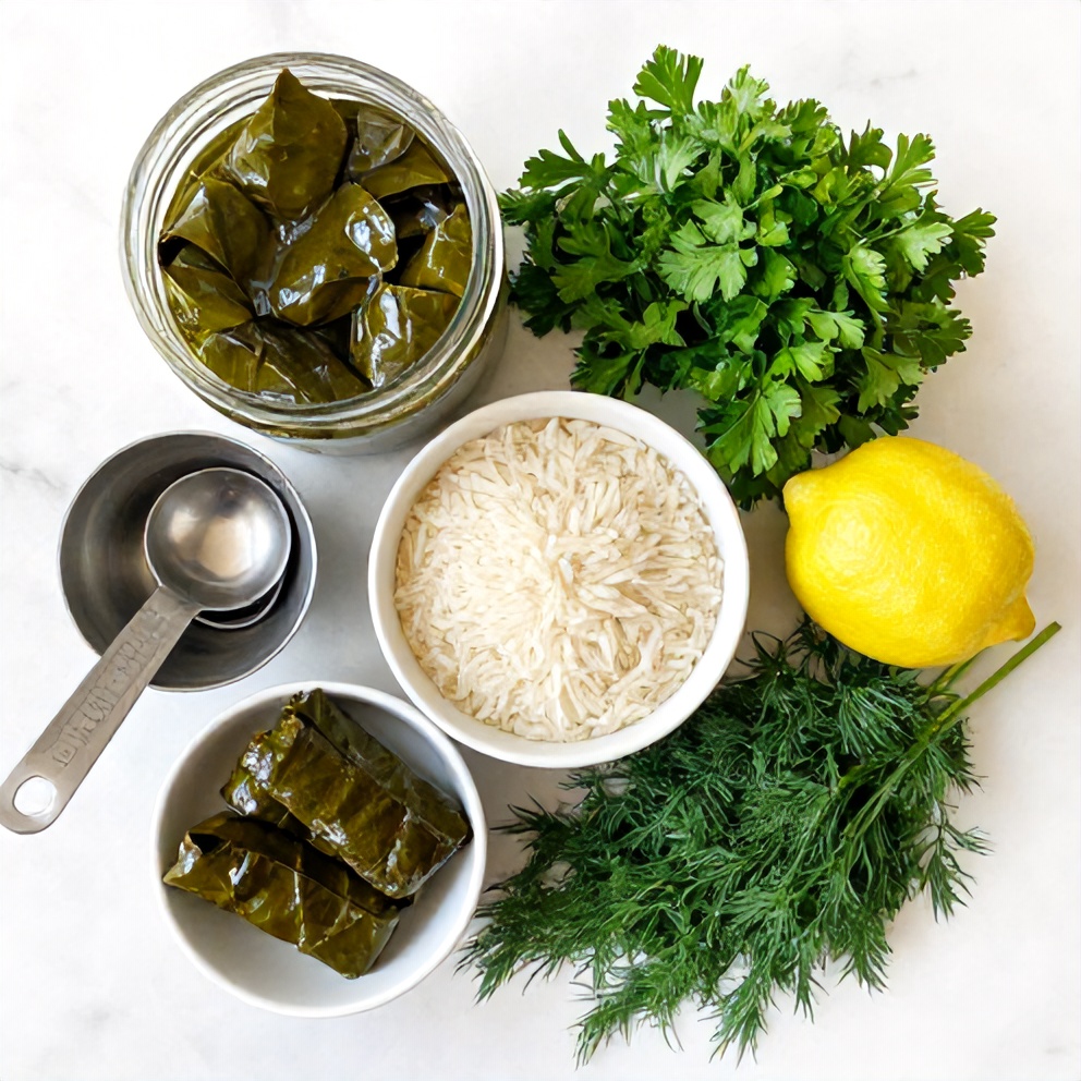 Raw Ingredients for Easy Stuffed Grape Leaves
