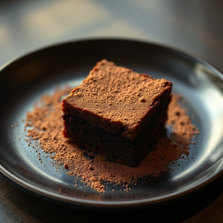 Perfectly plated brownie with a cocoa dusting. Dark ceramic plate, warm side lighting, close crop, photorealistic food photography