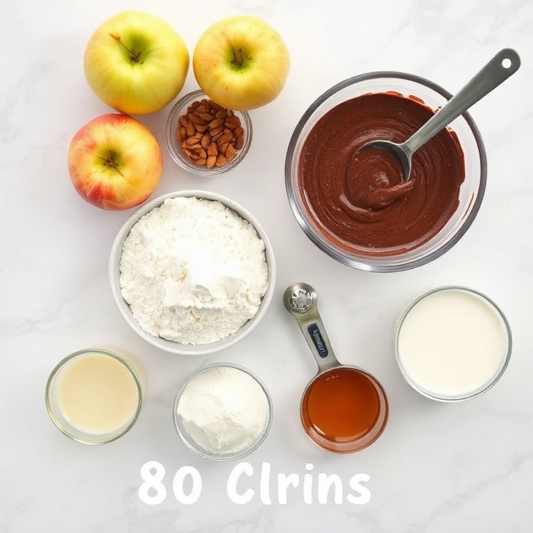 Overhead flat lay of apples, cocoa, flour, eggs, and baking powder. Measuring spoons and bowls visible. Bright even light, white marble surface
