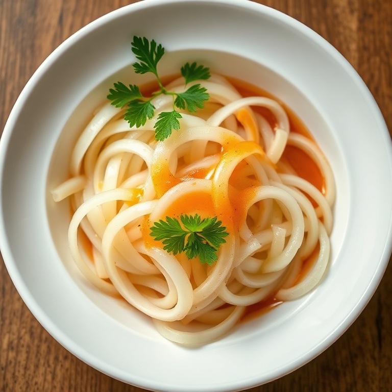 Sliced onions in a bowl with a drizzle of marinade. Fresh parsley as garnish. Classic white ceramic plate. Warm lighting showing texture. Photorealistic food photography.
