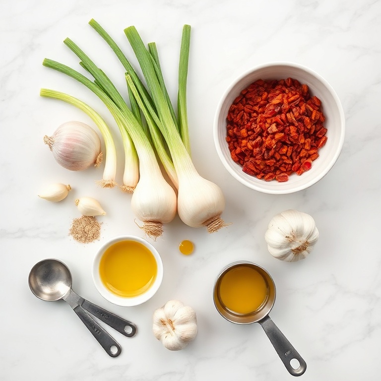 Fresh onions, sumac, olive oil, garlic, and lemon juice arranged in a flat lay. Measuring spoons and bowls visible. White marble surface. Bright even light. Photorealistic food photography.