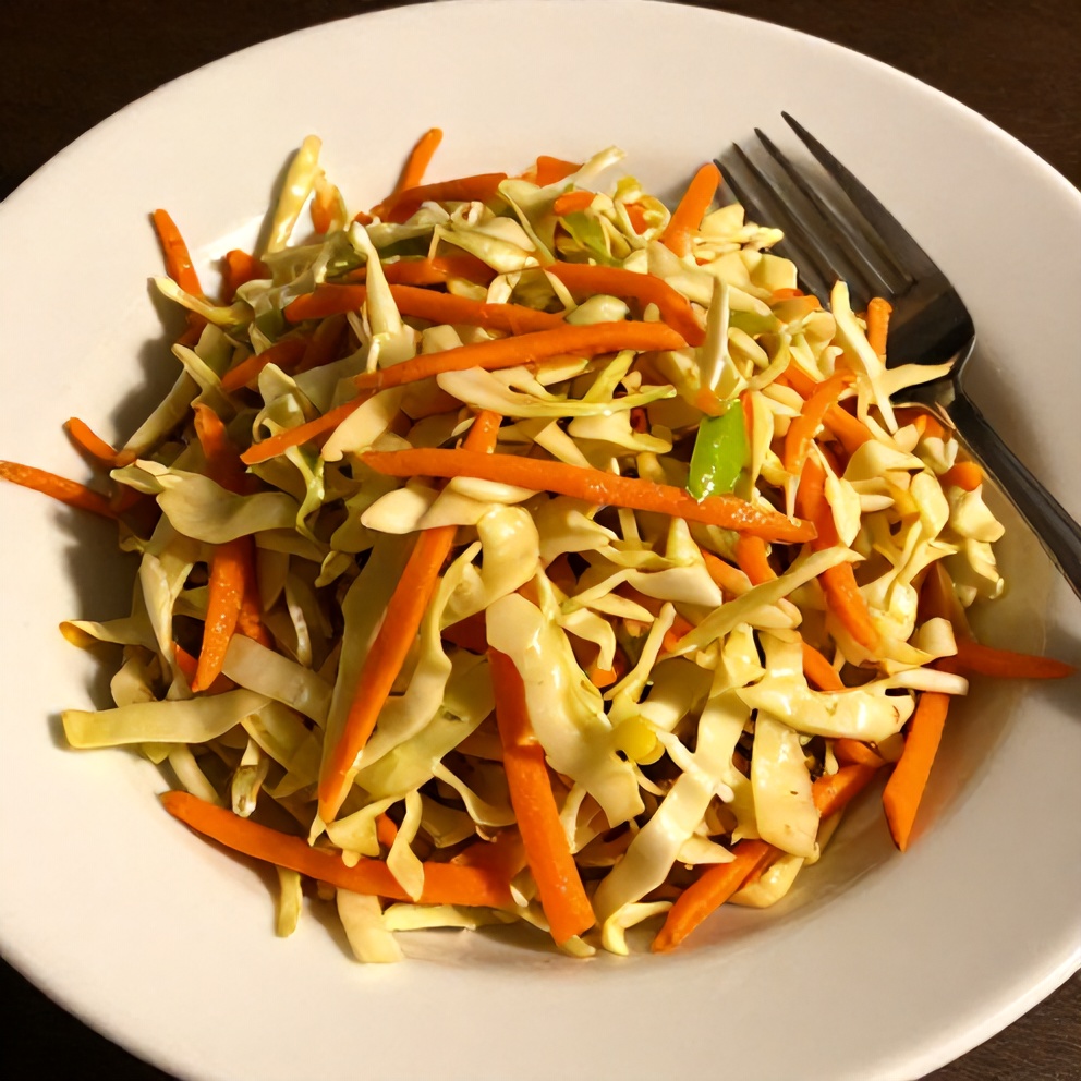 Sweet and Spicy Pickle Slaw served in a bowl with a fork
