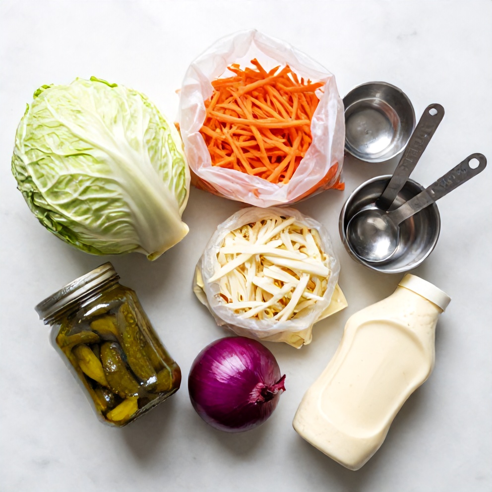 Ingredients for Sweet and Spicy Pickle Slaw on a wooden surface