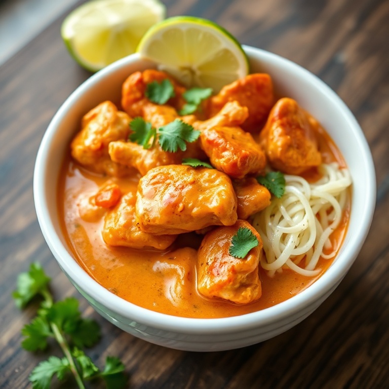 Perfectly plated sweet chili chicken bowl with lime zest and cilantro. Close crop showing creamy sauce and crispy chicken. White ceramic bowl with warm side lighting.
