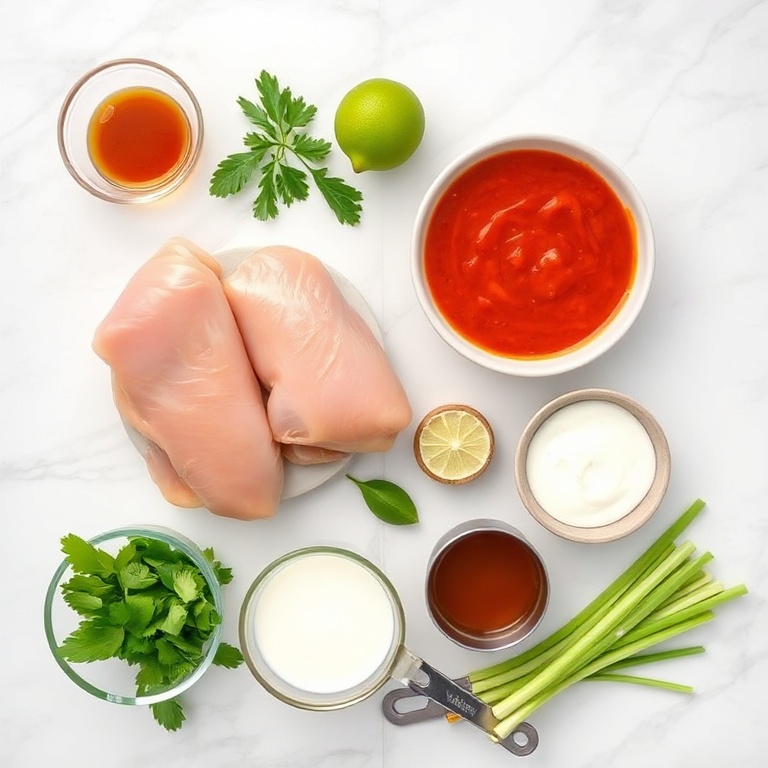 All raw ingredients for sweet chili chicken bowl arranged in an overhead flat lay. Chicken thighs, sweet chili sauce, coconut milk, lime, and green onions visible. Small prep bowls and measuring cups in frame. White marble surface.