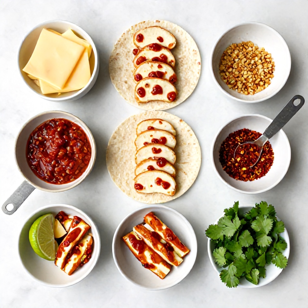 Raw ingredients for Sweet Chili Halloumi Wraps on a white marble surface