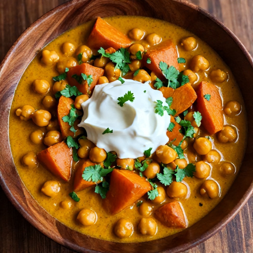 Plated Sweet Potato Chickpea Curry with naan bread
