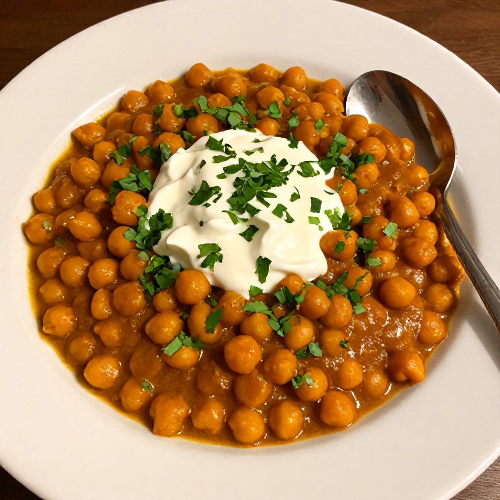 Plated Sweet Potato Chickpea Curry with garnish