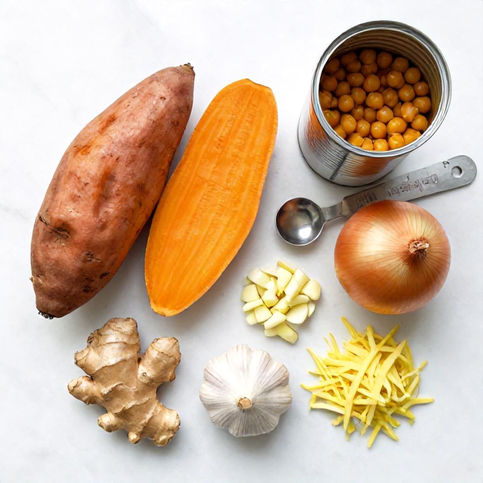 Ingredients for Sweet Potato Chickpea Curry laid out