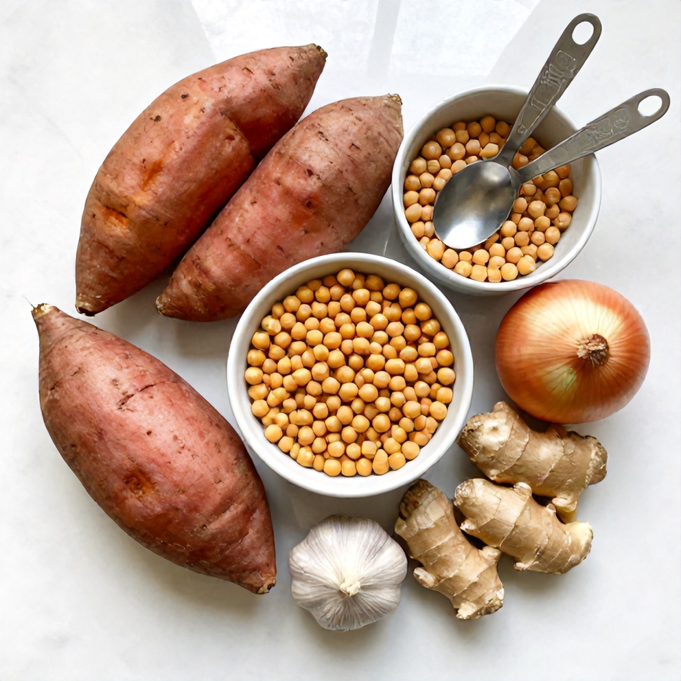 Raw ingredients for Sweet Potato Chickpea Curry