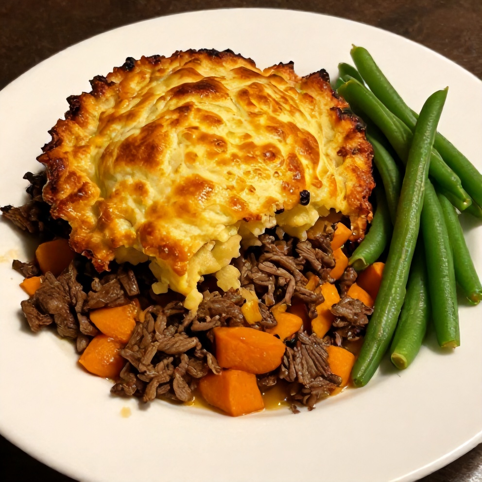 Sweet Potato Shepherd's Pie served on a plate with a side of green beans