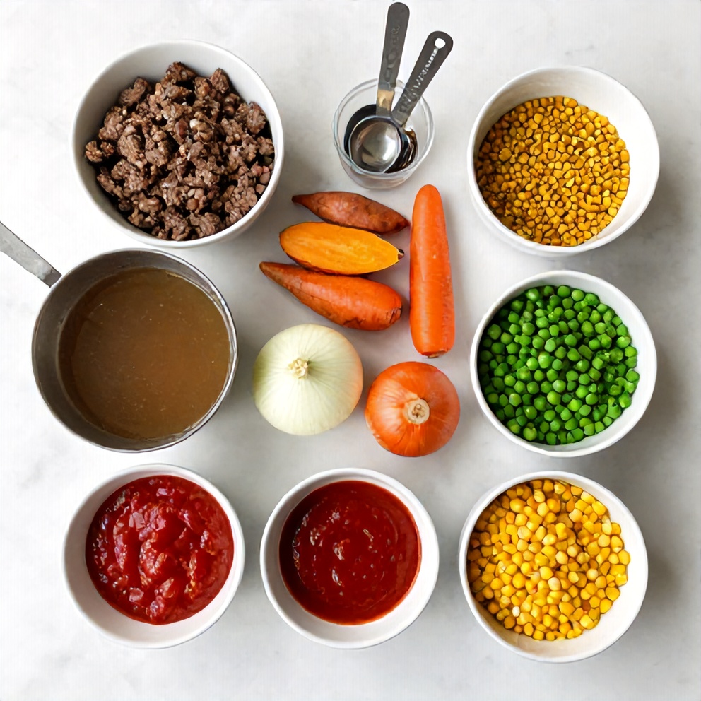 Raw ingredients for Sweet Potato Shepherd's Pie on a marble surface