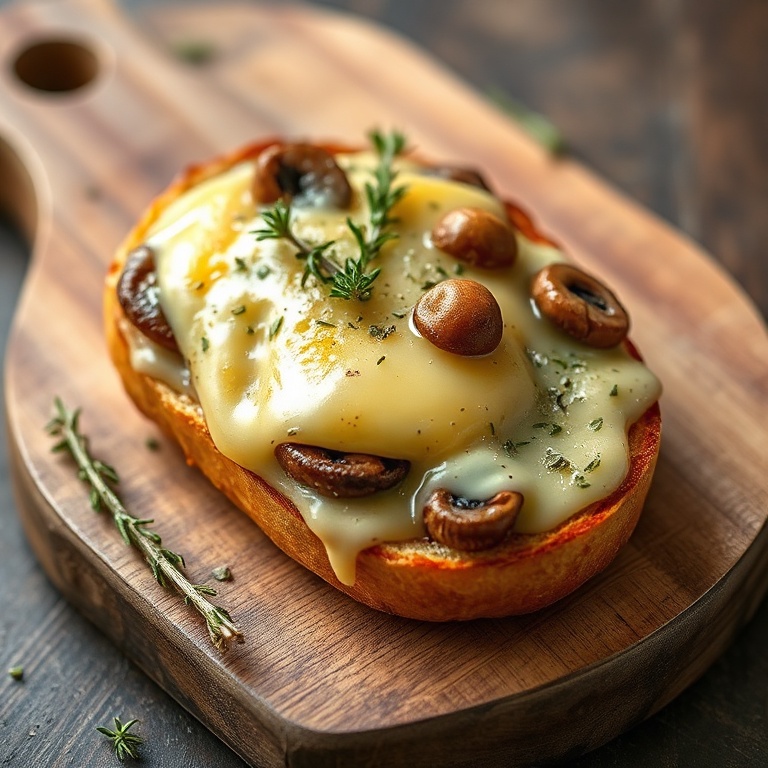 Perfectly plated Swiss Mushroom Melt with fresh herbs on a wooden board