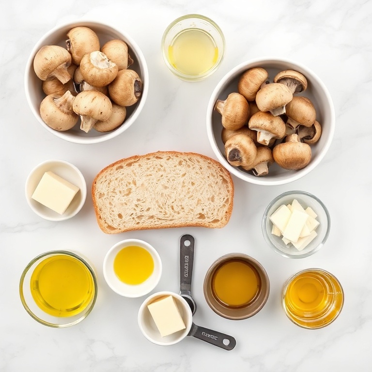 Raw ingredients for Swiss Mushroom Melt including mushrooms, cheese, bread, butter, and herbs