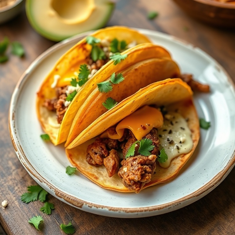 Plated serving of easy taco dinner board garnished with fresh cilantro on a rustic white ceramic plate with warm side lighting
