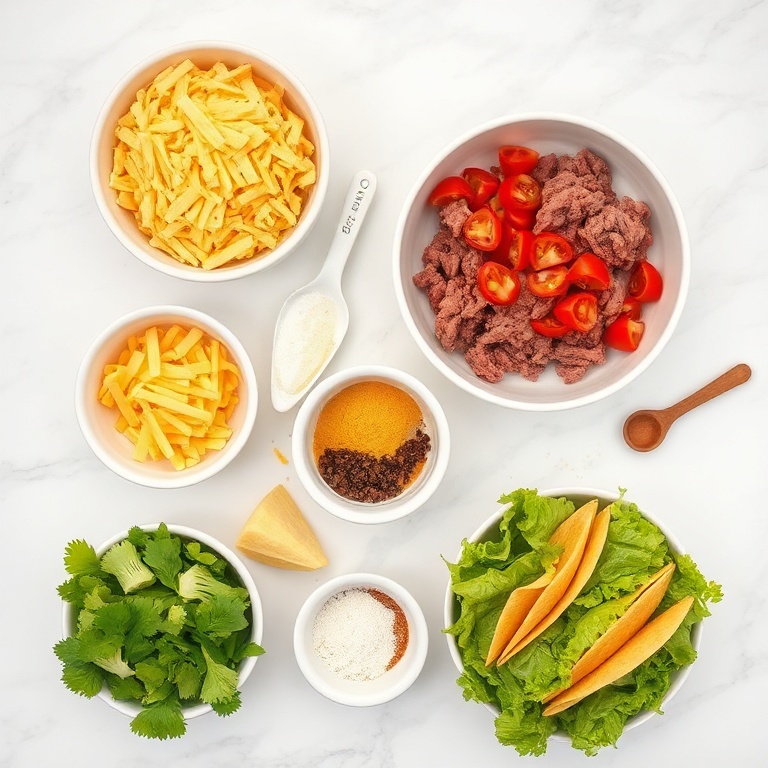 Overhead flat lay of raw ingredients for taco dinner board showing seasoned ground beef, diced tomatoes, shredded lettuce, shredded cheddar cheese, and taco shells with measuring spoons and bowls