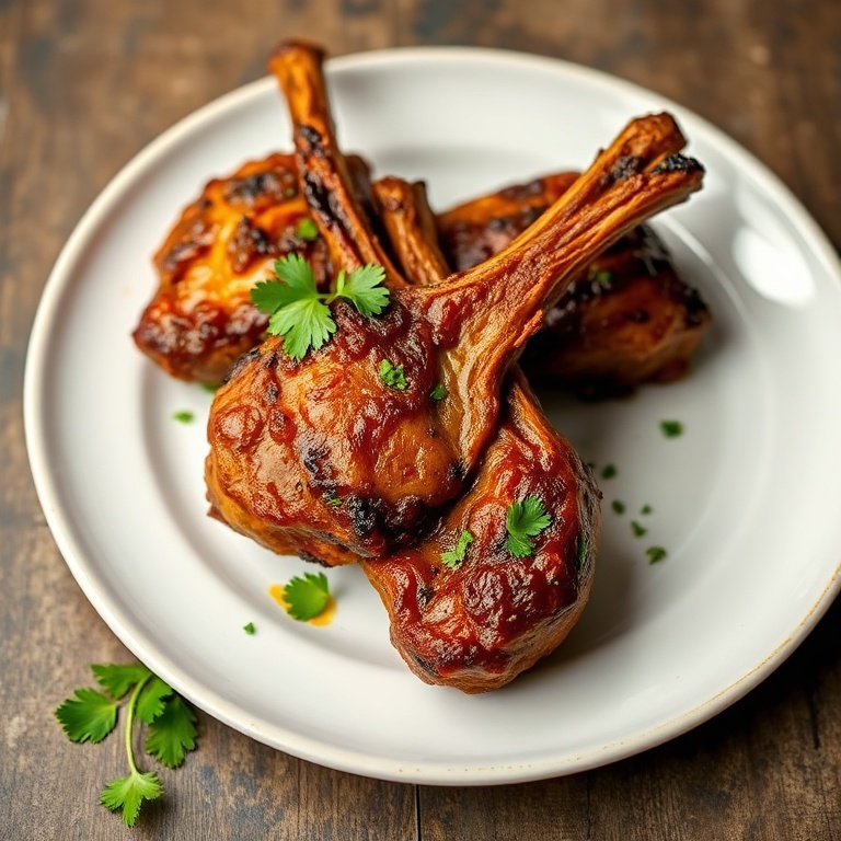 Close-cropped plate of Easy Tandoori Lamb Chops garnished with fresh cilantro on a white plate, warm side lighting highlighting charred edges and texture