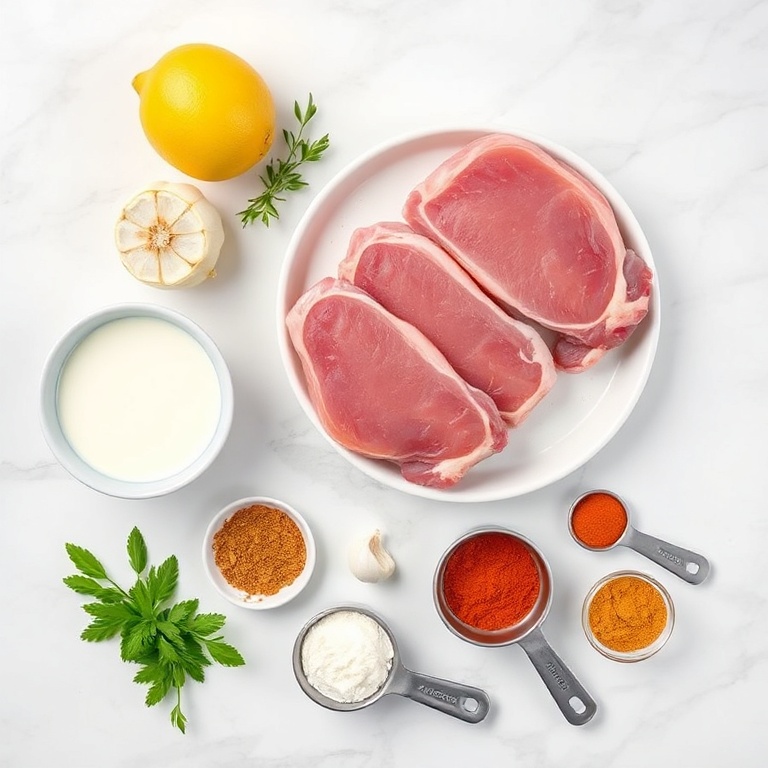 Overhead flat lay showing raw lamb chops, yogurt, ground spices, lemon, and garlic with prep bowls and measuring spoons on white marble surface