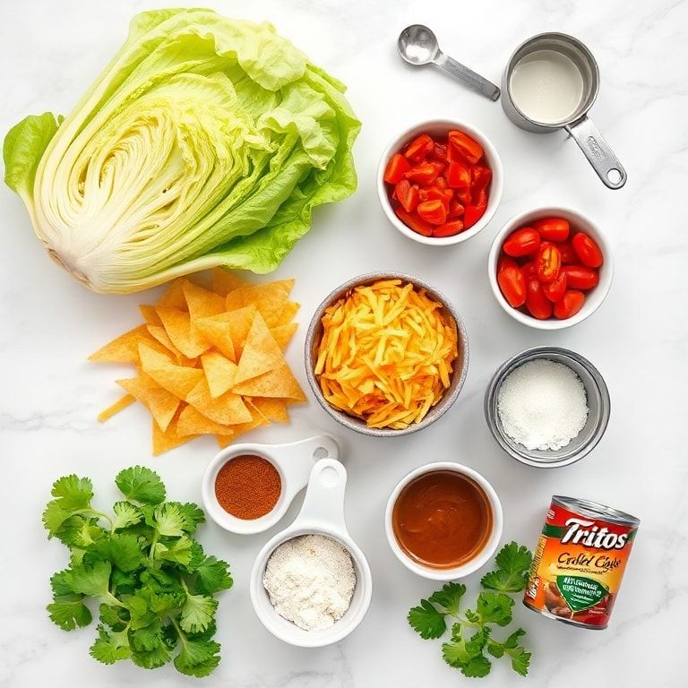 Raw ingredients for Easy Tex-Mex Frito Cowboy Cabbage Dinner featuring fresh cabbage, Fritos corn chips, shredded cheese, diced tomatoes, and green chilies arranged in bowls