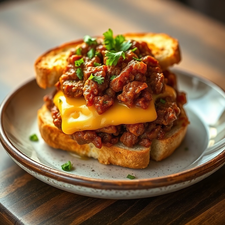 Plated serving of sloppy joes on toasted Texas bread garnished with fresh parsley on a rustic ceramic plate
