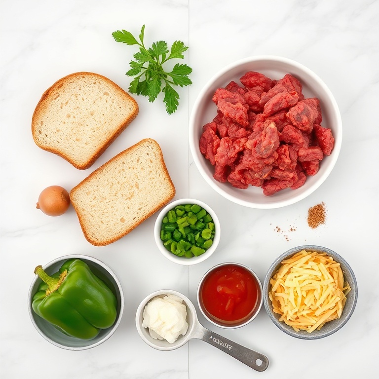Overhead flat lay showing raw ground beef, chopped onions, green bell pepper, shredded cheddar cheese, and thick Texas toast bread slices
