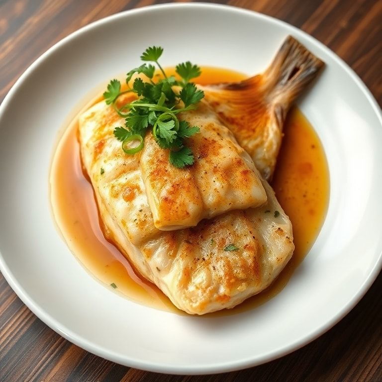 Plated serving of Thai lime garlic steamed fish garnished with cilantro on a white plate