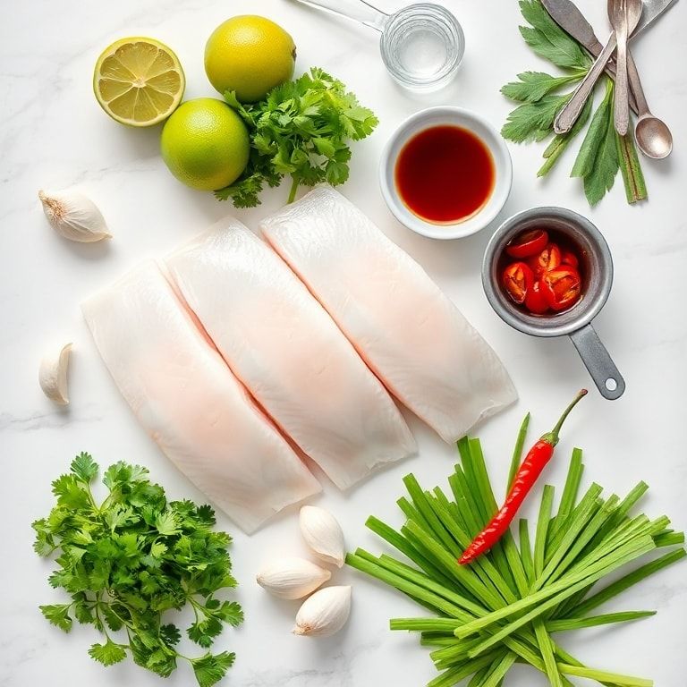 Overhead view of raw fish fillets, fresh lime, garlic cloves, cilantro, and green onions with measuring spoons