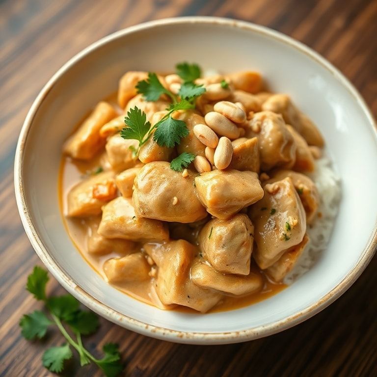 Plated serving of Thai peanut chicken garnished with crushed peanuts and cilantro in white bowl