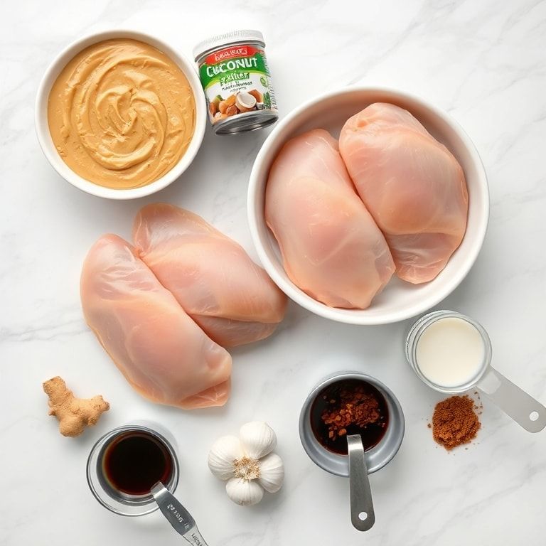 Overhead shot of raw chicken, peanut butter, coconut milk, garlic, and lime arranged with measuring spoons
