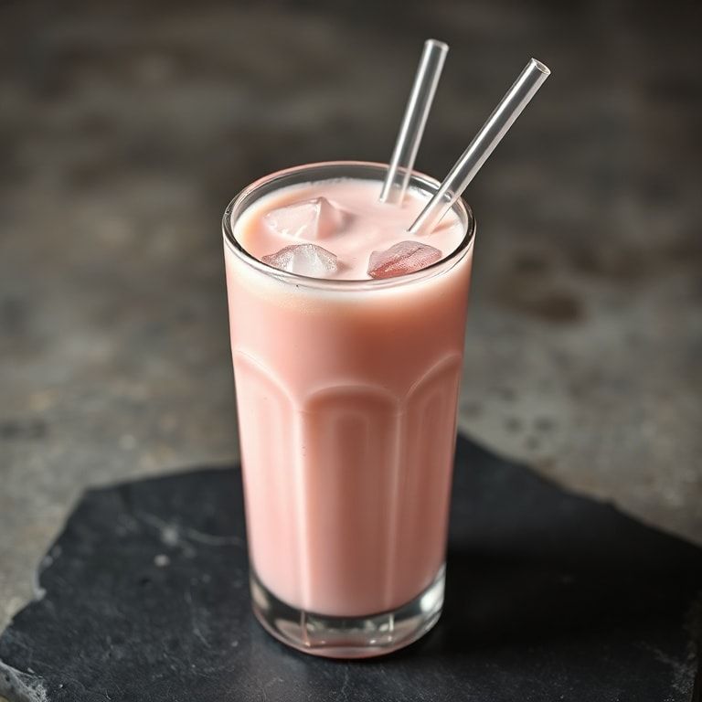 Close-up of a single serving of Thai pink milk drink garnished with a straw in a clear glass with creamy pink color and ice cubes on a dark wooden table
