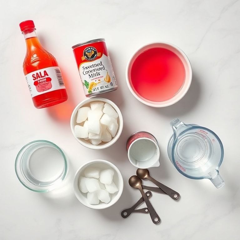 Overhead flat lay of raw ingredients for Thai pink milk drink including sala syrup, condensed milk, evaporated milk, ice cubes, and water with measuring spoons on a white marble surface