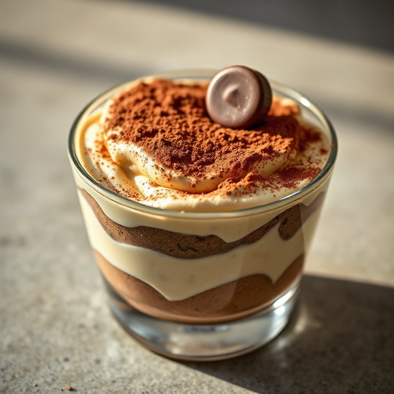 A single serving of Tiramisu Chia Pudding in a glass bowl. Topped with cocoa dust and a chocolate chip. Warm lighting shows the layers clearly.