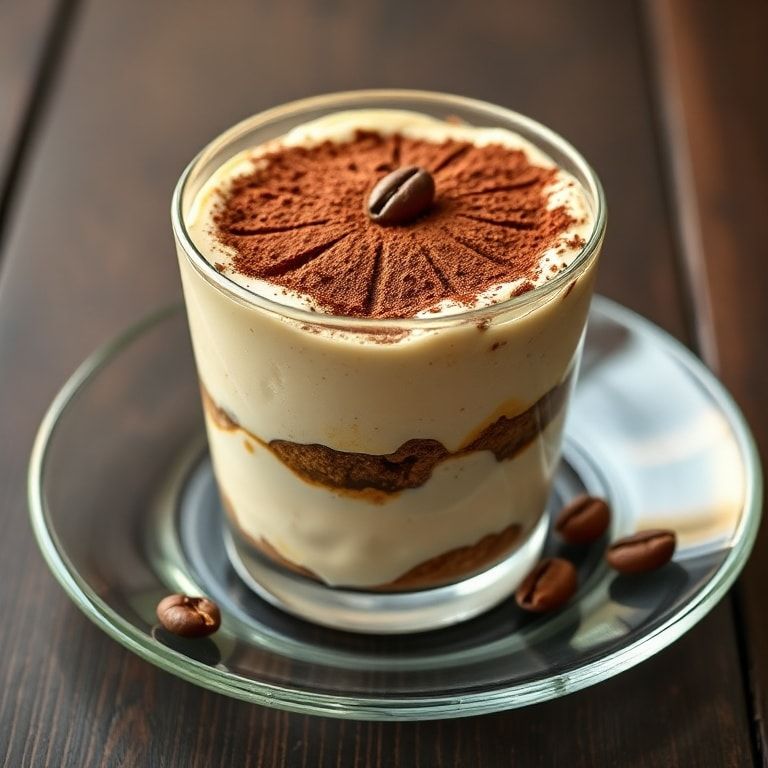 Single serving of tiramisu chia pudding garnished with cocoa powder and coffee beans on a clear glass plate