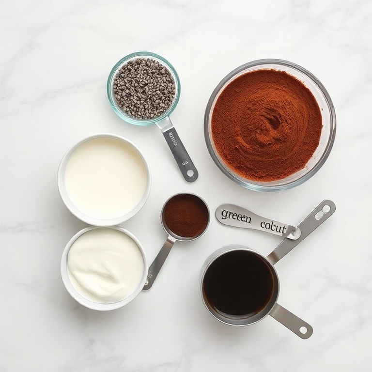 Raw ingredients for Tiramisu Chia Pudding: chia seeds, milk, Greek yogurt, cocoa powder, and coffee. Measuring cups and spoons nearby. Bright light on white surface.