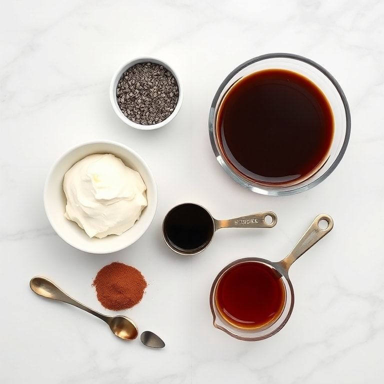 Overhead flat lay of chia seeds, mascarpone cheese, coffee, cocoa powder, and maple syrup with bowls and measuring spoons