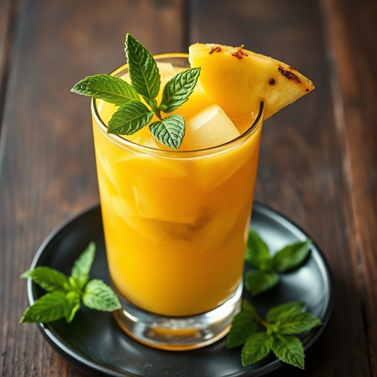 Single serving of pineapple mango rum punch garnished with fresh mint in a clear glass on wooden surface