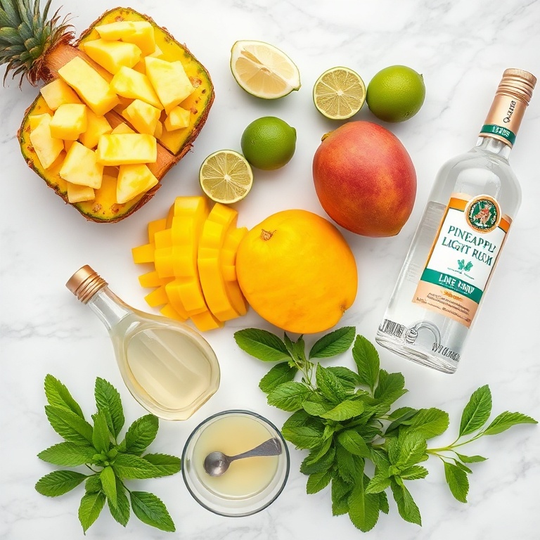 Raw ingredients for tropical pineapple mango rum punch including fresh pineapple, mango, lime, mint leaves and rum bottles arranged overhead