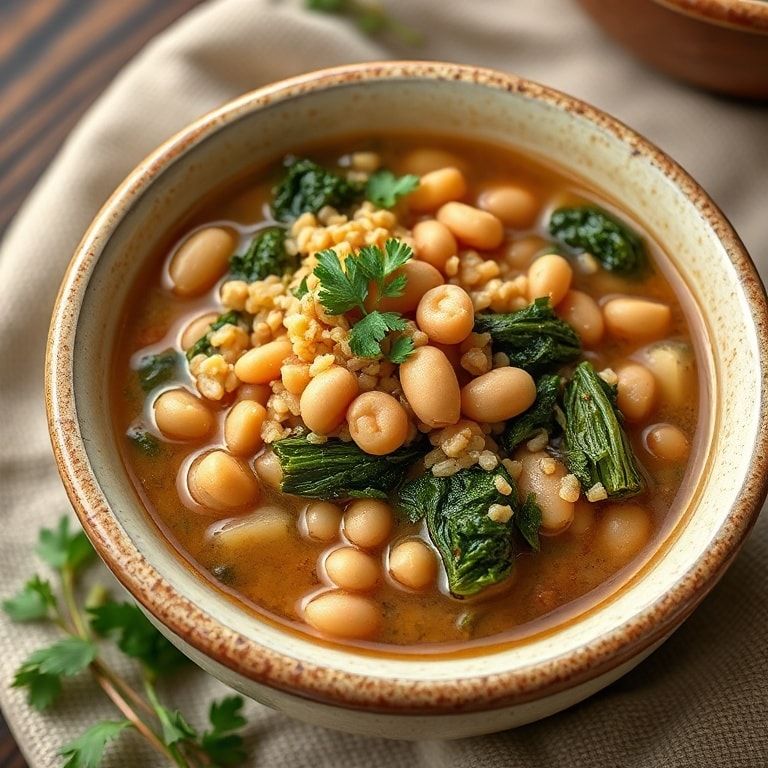 Plated Tuscan farro soup garnished with kale and beans in a rustic bowl