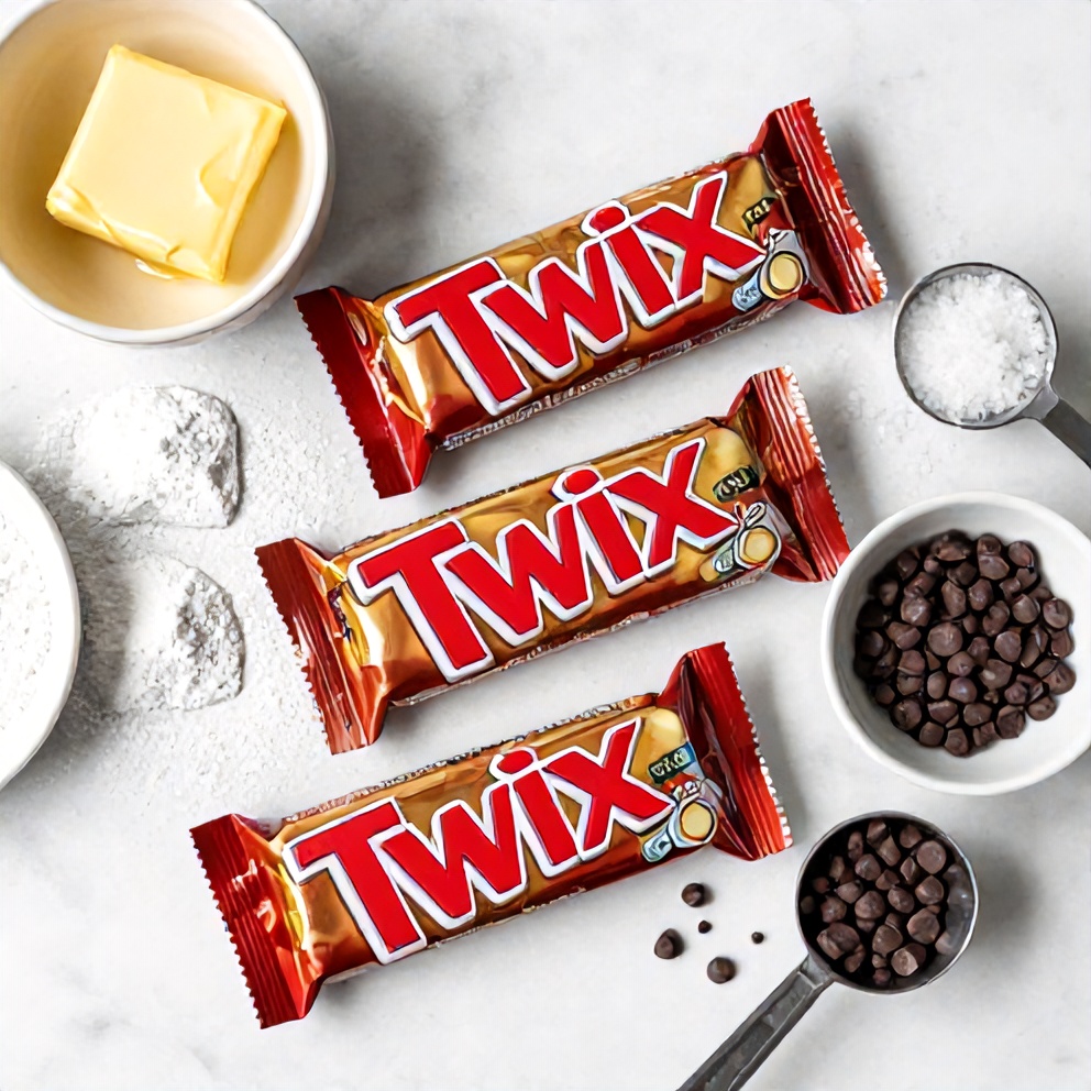 Raw ingredients for Twix Cookie Bars on a marble surface