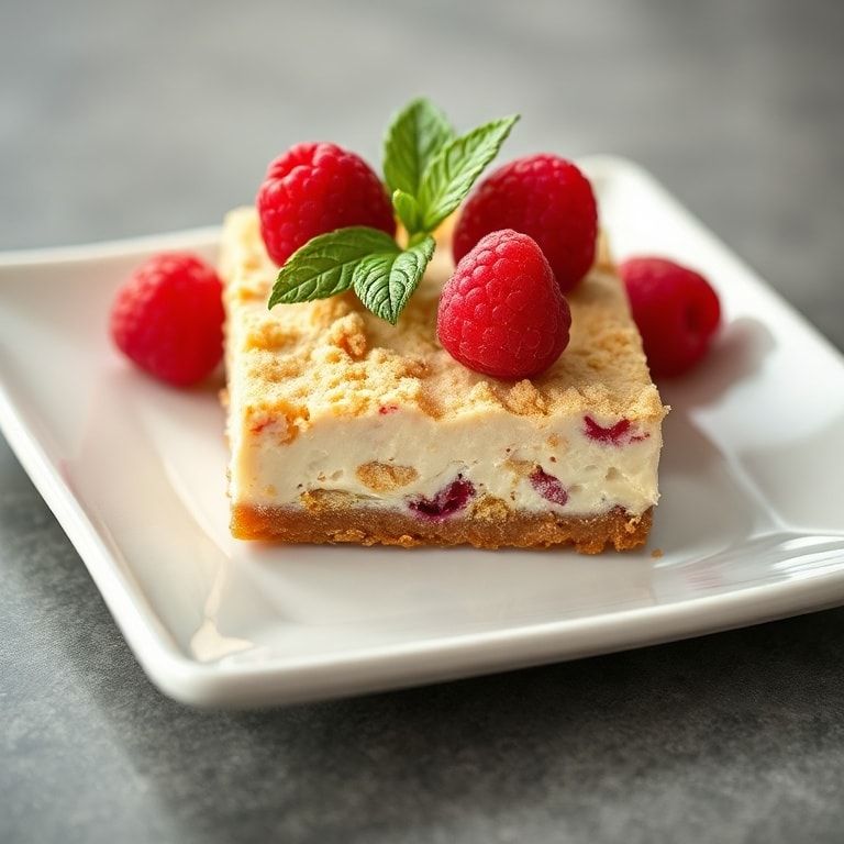One serving of vegan raspberry cheesecake bar garnished with fresh raspberries on white plate with warm side light