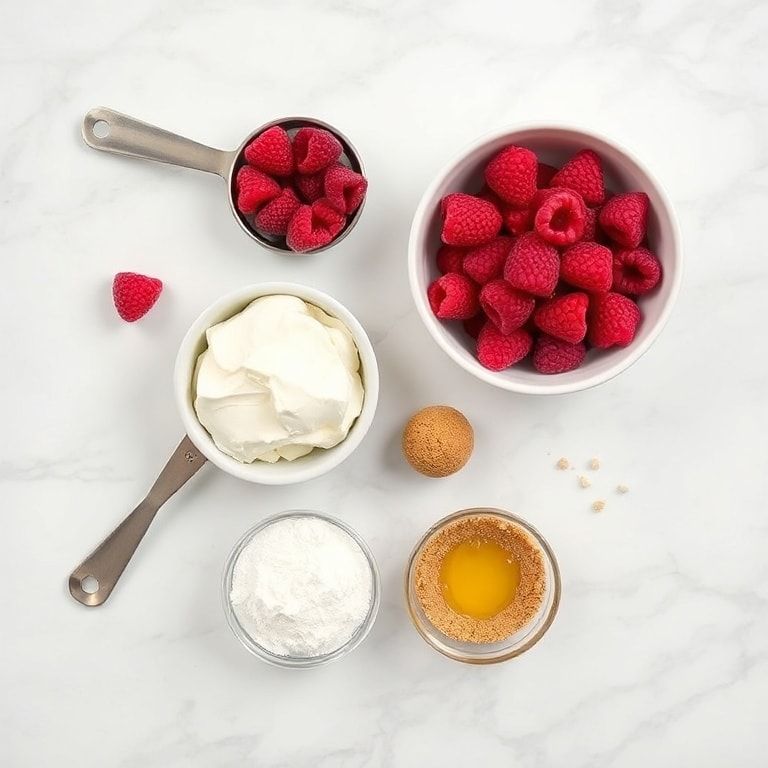 Overhead view of raw ingredients including fresh raspberries, vegan cream cheese, sugar, crust crumbs, and coconut oil with measuring spoons
